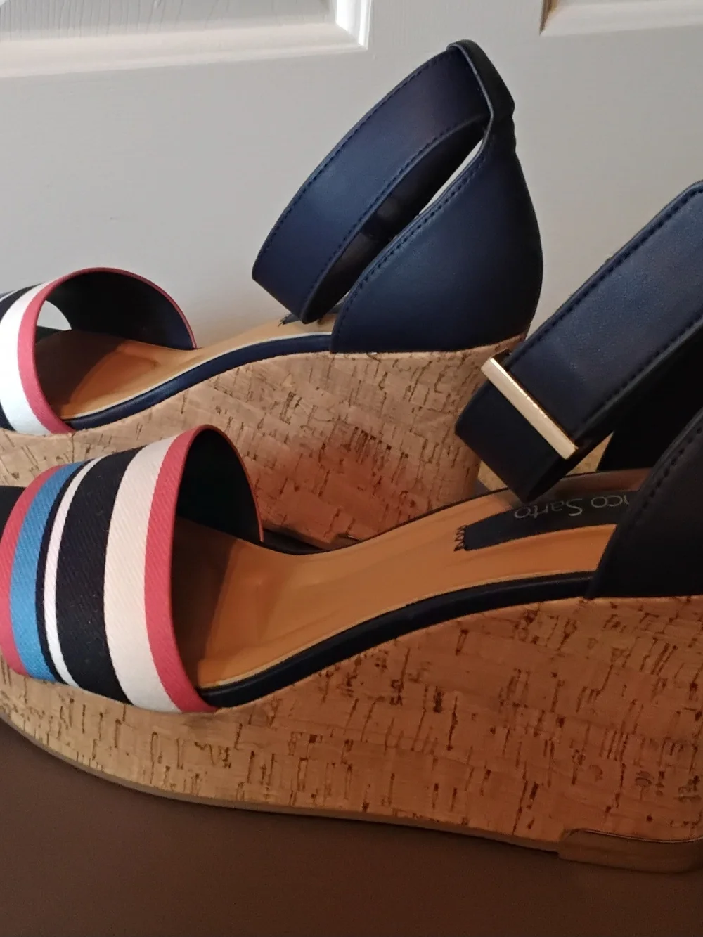 Franco Sarto Clemons Navy Espadrille Wedge Sandals with Multicolor Stripes, 8.5